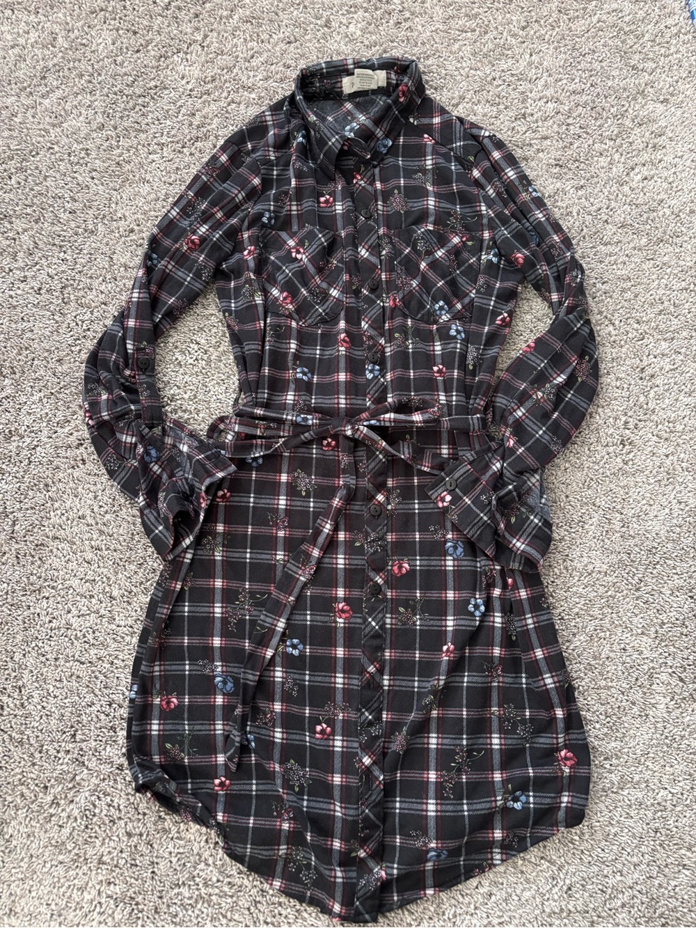 Passport Plaid Floral Dark Cottagecore Tie Waist Button Tunic Shirt/Dress Size S - Picture 4 of 11
